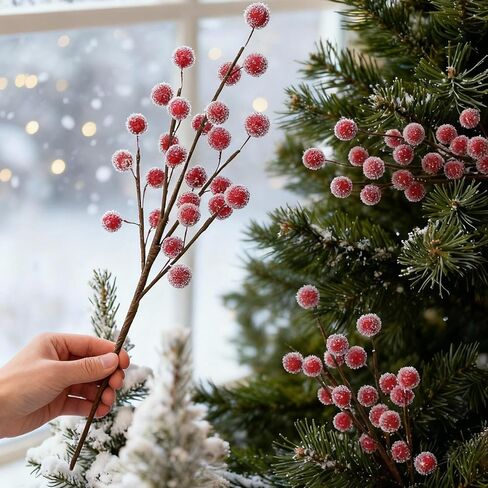 Suncalla 24 Pcs Christmas Red Berry Stems, 13.5" Holly Frosted Artificial Red Berries Stems, Waterproof Snowy Berry Branches Picks for Christmas Tree Decor DIY Wreath Floral Arrangement Gift Wrapping in Saudi Arabia
