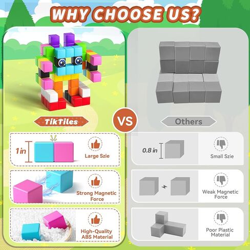65PCS Magnetic Blocks with Magnet Eyes Toy, Magnetic Building Blocks with Storage Bag for Kids Gifts, STEM Preschool Sensory Magnetic Cubes for Toodlers Boys Girls Ages 3 4 5 6 7 8, Bright Color in Kuwait