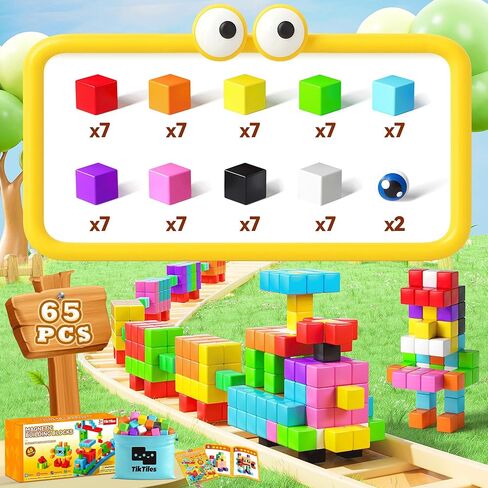 65PCS Magnetic Blocks with Magnet Eyes Toy, Magnetic Building Blocks with Storage Bag for Kids Gifts, STEM Preschool Sensory Magnetic Cubes for Toodlers Boys Girls Ages 3 4 5 6 7 8, Bright Color in Kuwait