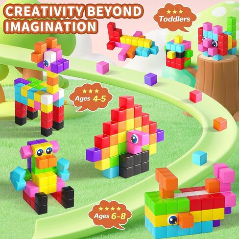 65PCS Magnetic Blocks with Magnet Eyes Toy, Magnetic Building Blocks with Storage Bag for Kids Gifts, STEM Preschool Sensory Magnetic Cubes for Toodlers Boys Girls Ages 3 4 5 6 7 8, Bright Color in Kuwait