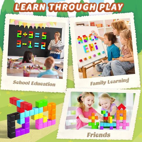 65PCS Magnetic Blocks with Magnet Eyes Toy, Magnetic Building Blocks with Storage Bag for Kids Gifts, STEM Preschool Sensory Magnetic Cubes for Toodlers Boys Girls Ages 3 4 5 6 7 8, Bright Color in Kuwait