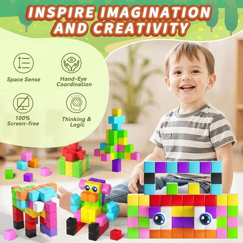 65PCS Magnetic Blocks with Magnet Eyes Toy, Magnetic Building Blocks with Storage Bag for Kids Gifts, STEM Preschool Sensory Magnetic Cubes for Toodlers Boys Girls Ages 3 4 5 6 7 8, Bright Color in Kuwait