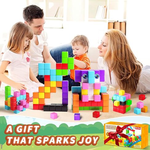 65PCS Magnetic Blocks with Magnet Eyes Toy, Magnetic Building Blocks with Storage Bag for Kids Gifts, STEM Preschool Sensory Magnetic Cubes for Toodlers Boys Girls Ages 3 4 5 6 7 8, Bright Color in Kuwait