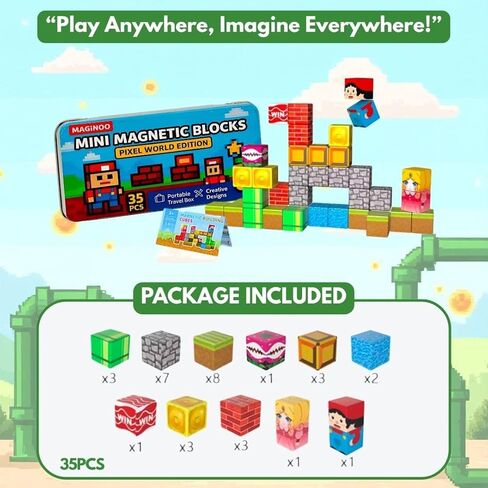 35PCS Pixel World Edition Mini Magnetic Blocks – Creative 3D Building Cubes, STEM Educational Travel Magnet Toy with Iron Box, Safe Learning Gift for Kids Ages 3–8, Boys & Girls in Kuwait