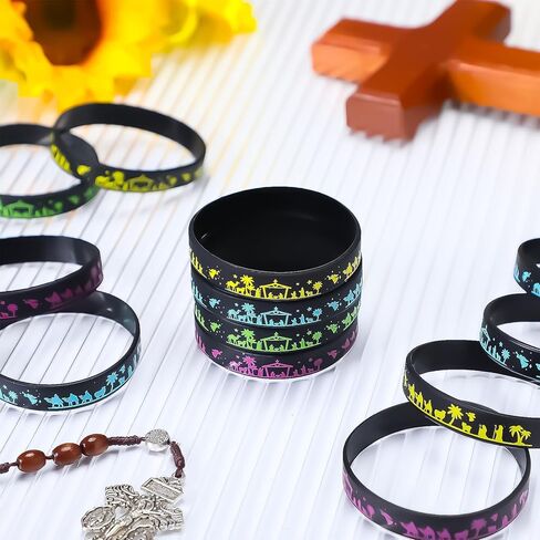 Soulchen 100 Pcs Christmas Nativity Silhouette Silicone Bracelets Wristband Religious Christian Rubber Bracelets for Sunday School Xmas Holiday Party Favor Gifts, 4 Colors in Saudi Arabia