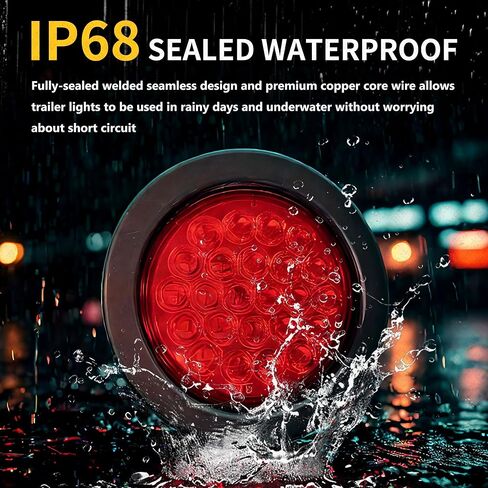 4Pcs 4" Round LED Trailer Tail Lights, Super Bright Red 24LED Waterproof Brake Stop Turn Tail Marker Trailer Lights Sealed Flush Mount for Truck RV Boat UTE UTV 12V W/Grommet Plug & 3-Prong Pigtails in Kuwait