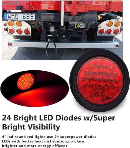 4Pcs 4" Round LED Trailer Tail Lights, Super Bright Red 24LED Waterproof Brake Stop Turn Tail Marker Trailer Lights Sealed Flush Mount for Truck RV Boat UTE UTV 12V W/Grommet Plug & 3-Prong Pigtails in Kuwait
