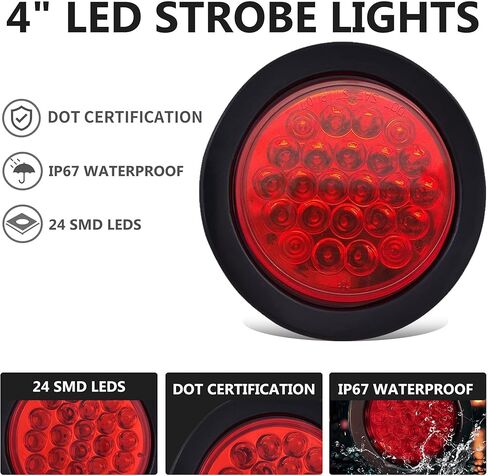 4Pcs 4" Round LED Trailer Tail Lights, Super Bright Red 24LED Waterproof Brake Stop Turn Tail Marker Trailer Lights Sealed Flush Mount for Truck RV Boat UTE UTV 12V W/Grommet Plug & 3-Prong Pigtails in Kuwait