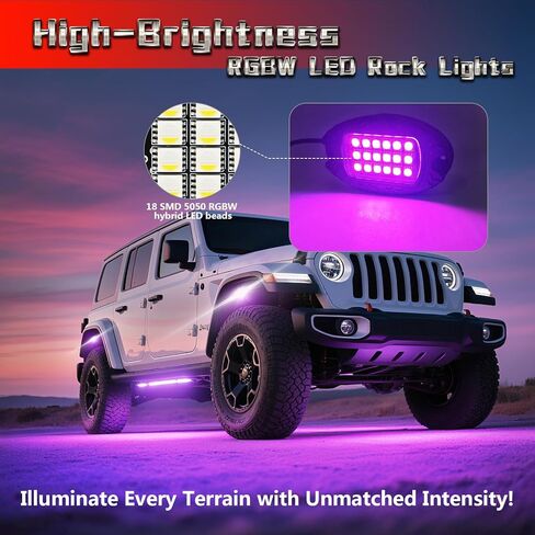 8 قرون معدنية RGBW أضواء الصخور، LED أضواء بيضاء نقية تحت التوهج لشاحنة سيارات الجيب ATV UTV عربة الجولف RZR SXS الطرق الوعرة، IP68 مجموعة معدنية مقاومة للماء متعددة الألوان نيون مع وضع الموسيقى عن بعد APP/RF، 12 فولت in Saudi Arabia