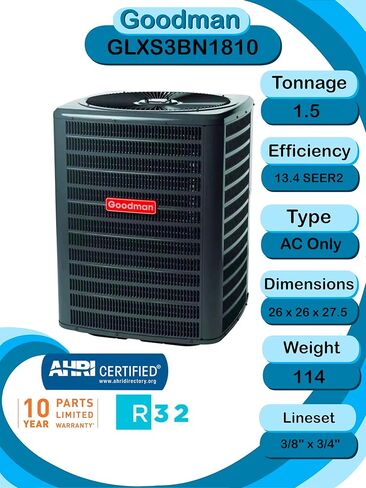 Goodman 1.5 TON 13.4 SEER2 Classic Series R-32 AC Condenser GLXS3BN1810 in Saudi Arabia