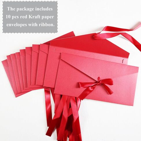 10 Pack Kraft Paper Envelopes with Ribbons, Invitation Envelopes for Festival and Party - Red in Saudi Arabia
