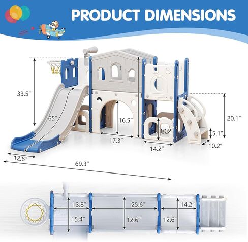 8 in 1 Toddler Slide Set, Kid Slide with Basketball Hoop Telescope and Climber, Indoor Outdoor Playset, Toddler Playground for Age 1-3, Blue & Gray in Saudi Arabia
