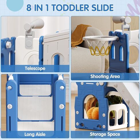 8 in 1 Toddler Slide Set, Kid Slide with Basketball Hoop Telescope and Climber, Indoor Outdoor Playset, Toddler Playground for Age 1-3, Blue & Gray in Saudi Arabia