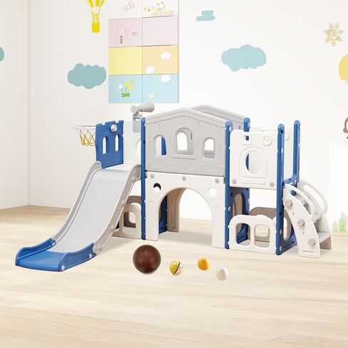 8 in 1 Toddler Slide Set, Kid Slide with Basketball Hoop Telescope and Climber, Indoor Outdoor Playset, Toddler Playground for Age 1-3, Blue & Gray in Saudi Arabia