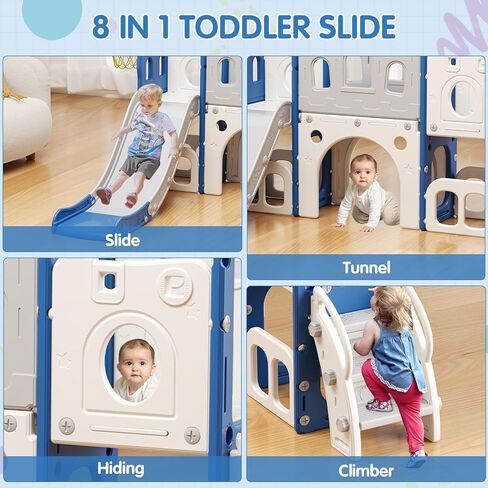 8 in 1 Toddler Slide Set, Kid Slide with Basketball Hoop Telescope and Climber, Indoor Outdoor Playset, Toddler Playground for Age 1-3, Blue & Gray in Saudi Arabia
