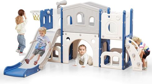 8 in 1 Toddler Slide Set, Kid Slide with Basketball Hoop Telescope and Climber, Indoor Outdoor Playset, Toddler Playground for Age 1-3, Blue & Gray in Saudi Arabia