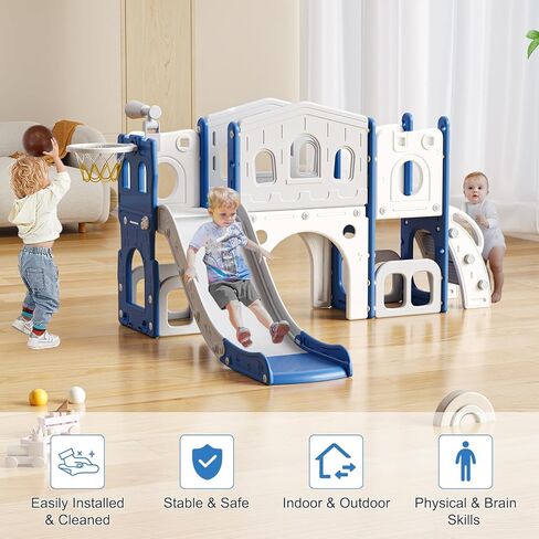 8 in 1 Toddler Slide Set, Kid Slide with Basketball Hoop Telescope and Climber, Indoor Outdoor Playset, Toddler Playground for Age 1-3, Blue & Gray in Saudi Arabia