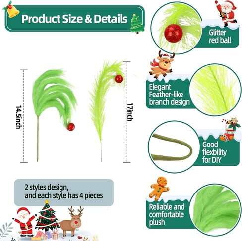 8 Pcs Christmas Tree Topper, 17 Inch Lime Green Christmas Tree Ornament, Green Furry Christmas Picks with Red Ball for Xmas Tree Wreath Home Craft Decors (Funny) in Saudi Arabia