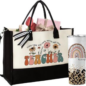 Gifts for Teacher Bundle - Teacher Appreciation Gifts for Women - Gifts for Teachers Women - Teacher Appreciation Week Gifts - Canvas Tote Bag Bundle with 20 Oz Skinny Tumbler