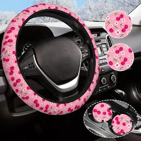 Pink Cow Steering Wheel Cover Anti-Slip and Practical 14.5-15 Inch Universal Car Steering Wheel Cover with 2 Pieces Car Coasters Suitable for Men Women