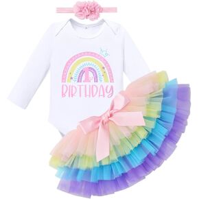 ODASDO Baby Girl Boho Rainbow 1st 2nd Birthday Outfit Long Sleeve Romper Tutu Skirt with Diaper Cover Headband Set
