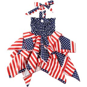 4th of July Toddler Baby Girl Outfit American Flag Dress Red White and Blue Halter Dresses Independence Day Clothes