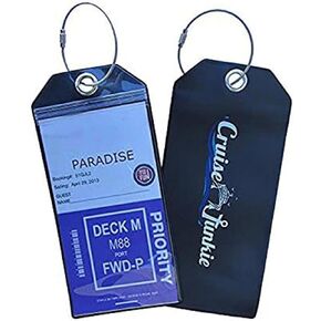 Cruise Junkie [4 Pack] Cruise Luggage Tags, Perfect Fit for Carnival, NCL, Princess & MSC. Cruise Ship Luggage tag Holder, Zip & Seal W/Steel Loop Clear Tags.