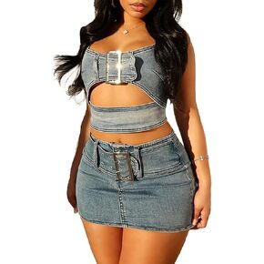 ملابس نسائية مثيرة من Molilove مكونة من قطعتين من قماش الدنيم بدون أكمام وسحاب خلفي ومجموعة تنورة صغيرة مع إبزيم قابل للتعديل in Kuwait