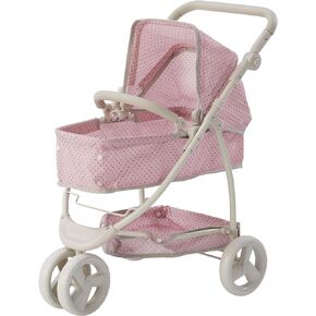 Olivia's Little World - Play Baby Doll Bassinet Stroller, Baby Doll Toy Pram Stroller Buggy for 5 Year Old Girls, Polka Dots Doll Stroller Princess 2-in-1 Baby Doll Playful Stroller - Pink/Gray