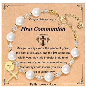 enasal Personalized First Communion Gifts for Girls Catholic, Rosary Cross Pearl Bracelet for Girls, Goddaughter Communion Gifts from Godmother