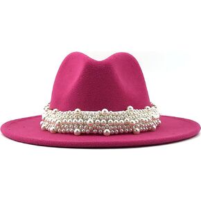 Fedora Hats for Women Panama Hat Wide Brim Felt Hat Classic Trilby Hat with Pearl