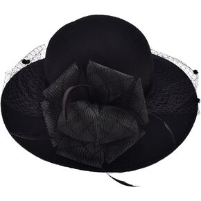 Black Womens Wool Felt Floral Veil Netting Feather Wide Brim Derby Hat A322