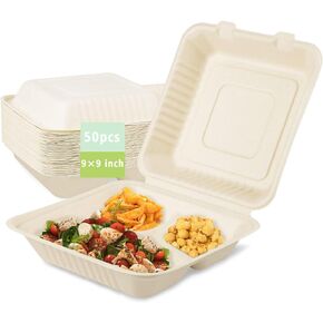 Orbhes Compostable Take Out Food Container 9x9 Biodegradable 3-Compartment Clamshell To Go Container with Hinged Lid Heavy Duty Togo Disposable Box For Pasta Salad Sandwich Carryout Meal