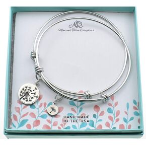 Mother Daughter Bangle Bracelets in Stainless Steel | Sterling Silver Dandelion Charm | Valentine's Day Gift for Her