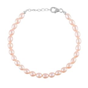 Genuine Peach Freshwater Cultured Pearl Fancy Oval Beads Dainty Bangle Bracelet, Handmade Jewelry, April Birthstone, Christmas Gift for Women, 925 Sterling Silver Chain 8 Inch
