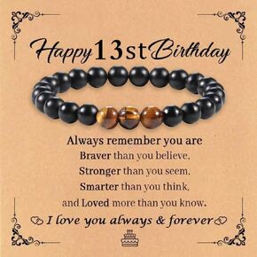13 Year Old Boy Birthday Gift Ideas,Natural Stone Tiger Eye Natural Stone Beaded Bracelet,Gifts For Him Men Boyfriend Dad Husband Son Grandson Christmas(13th)
