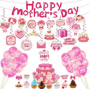 Funnlot Mothers Day Decorations for Party 93 Pieces Happy Mothers Day Decorations Happy Mothers Day Banner Cake Cupcake Toppers Balloons Hanging Decorations for Brunch Home Table Party Favors Supplies