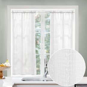 Deconovo Short Curtains, Sheer Curtains for Bedroom 2 Panels Set, Cafe Curtains 30 Inch Length, White Living Room Curtains, Floral Curtains, W28 x L30, Bohemian Striped, White