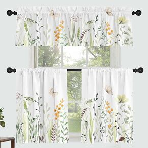 Floral Leaves Curtain for Kitchen Bathroom Watercolour Pink Yellow Flower Rod Pocket Window Curtain Tier Curtains Valance Set 3 Pcs Plant Printed Curtains 54 x 18 inches + 27 x 36 inches *2