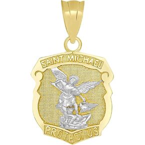 10K Yellow, White, Rose, or Two Tone Gold Saint Michael the Archangel Protect Us Shield Medal Necklace Pendant Charm