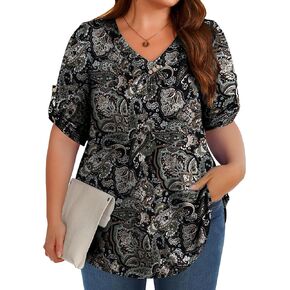 OIDUICOULD Women's Plus Size 3/4 Roll Sleeve Tops V Neck Casual Soft Blouse 1X-4X