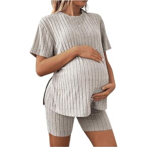 MakeMeChic Women's Maternity Pajamas 2 Piece Lounge Set Ribbed Knit T Shirt Biker Shorts Sleepwear Tracksuit