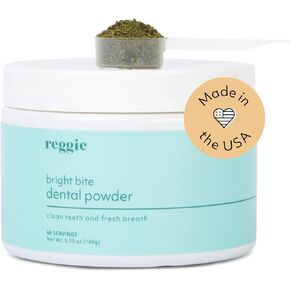 Reggie Bright Bite Dental Powder for Dogs | Reduces Bad Breath, Plaque, Tartar | Made in The USA, Organic, Vet-Approved, Ideal for All Ages & Breeds - 60 Scoops
