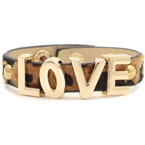 SHIMERITI Punk Rock Alloy Love Letter Leopard Pattern Pu Leather Cuff Bracelet