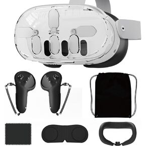 PUOSUO Protective Case set for Meta Quest 3, Accessories for Oculus Quest 3, Impact and Scratch-Proof Case with 1 Headset Cover, 2 Controller Grip, 3 Camera Lens Tempered Glass