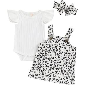 Omkzanbi Newborn Infant Baby Girl Overall Dress Set Ruffle Knit Rib Romper Leopard Print Pocket Suspender Skirt Summer Outift