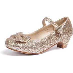 Sawimlgy Girls Sparkle Dress Shoes Toddler Glitter Princess Heels Kids Bows Mary Jane Girl Shoes for Wedding Party Dance Costume Easter