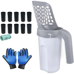 Cat Litter Scoop, Litter Scooper with Holder Removable Manure Sieve Scoop, Large Capacity Cat Litter Scooper Comes with 215 Bags and A Pair of Cat Brush for Shedding Gloves.