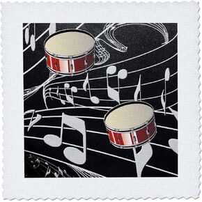 3dRose qs_38199_2 Red Drums on Music Notes Quilt Square, 6 by 6-Inch