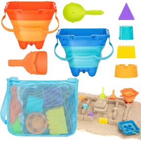 HUGCATY Beach Toys, Collapsible Sand Toys - 9pcs Sand Castle Building Kit: Foldable Sand Buckets, Shovels, Castle Molds & Packable Mesh Bag - Sandbox Toys for Toddlers, Kids Ages 3-12, Beach Travel